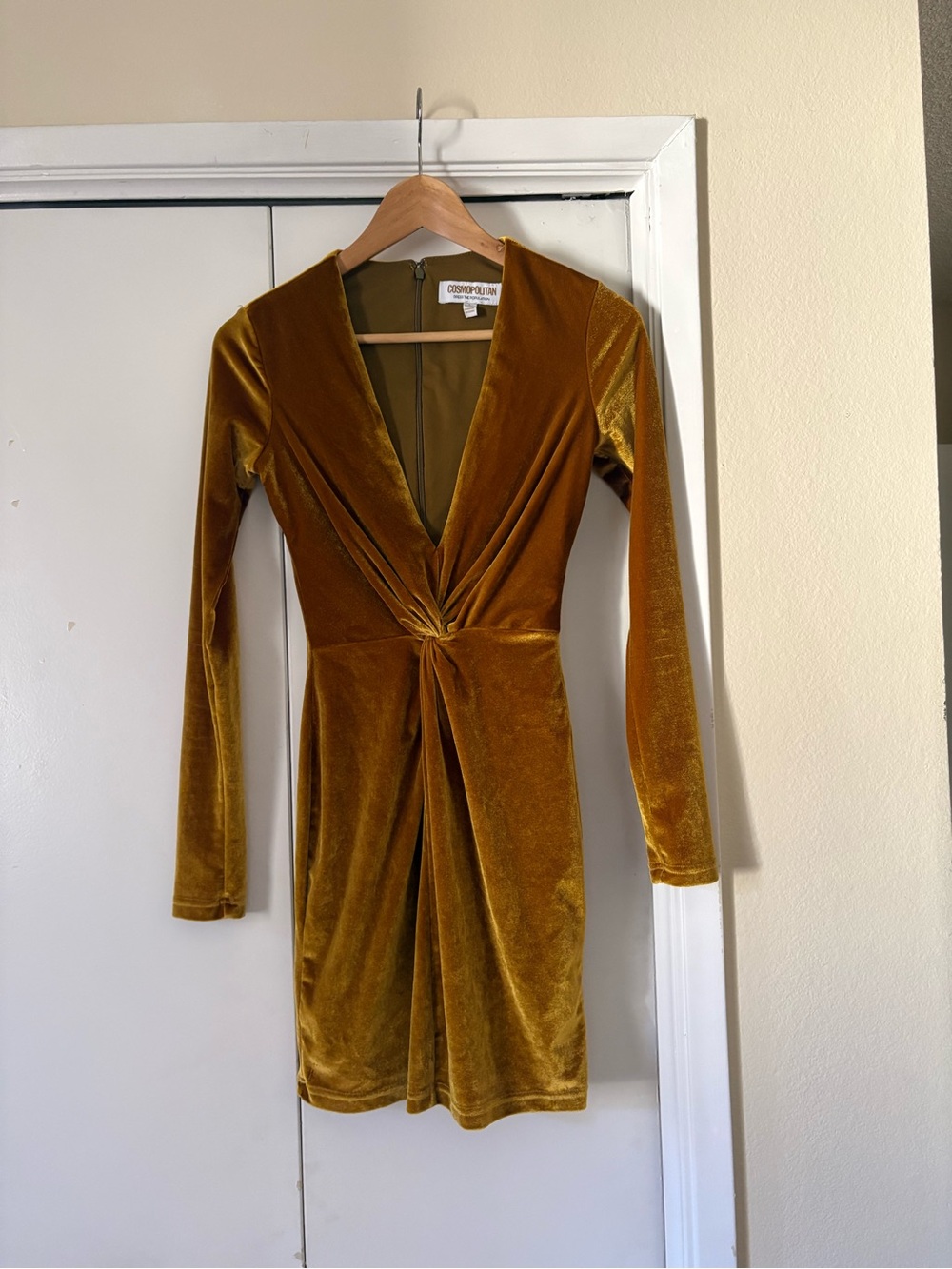 Cosmopolitan Golden Velvet Twist-Front Long Sleeve Mini Dress